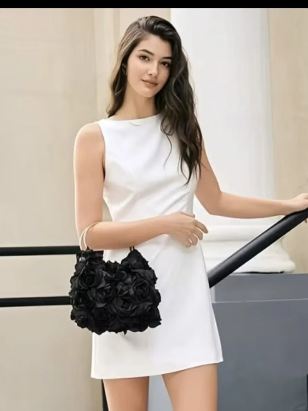 Woman's Elegant Dinner Clutch Rose flora lace trim (WHITE)